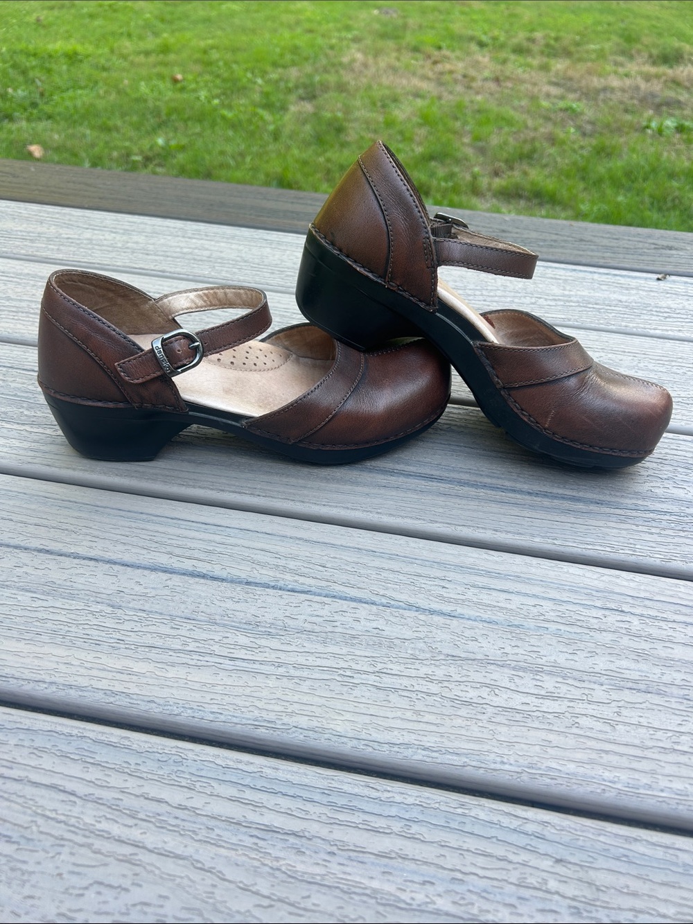 Women's Brown Leather Mary Jane Dansko Clogs with Ankle Strap